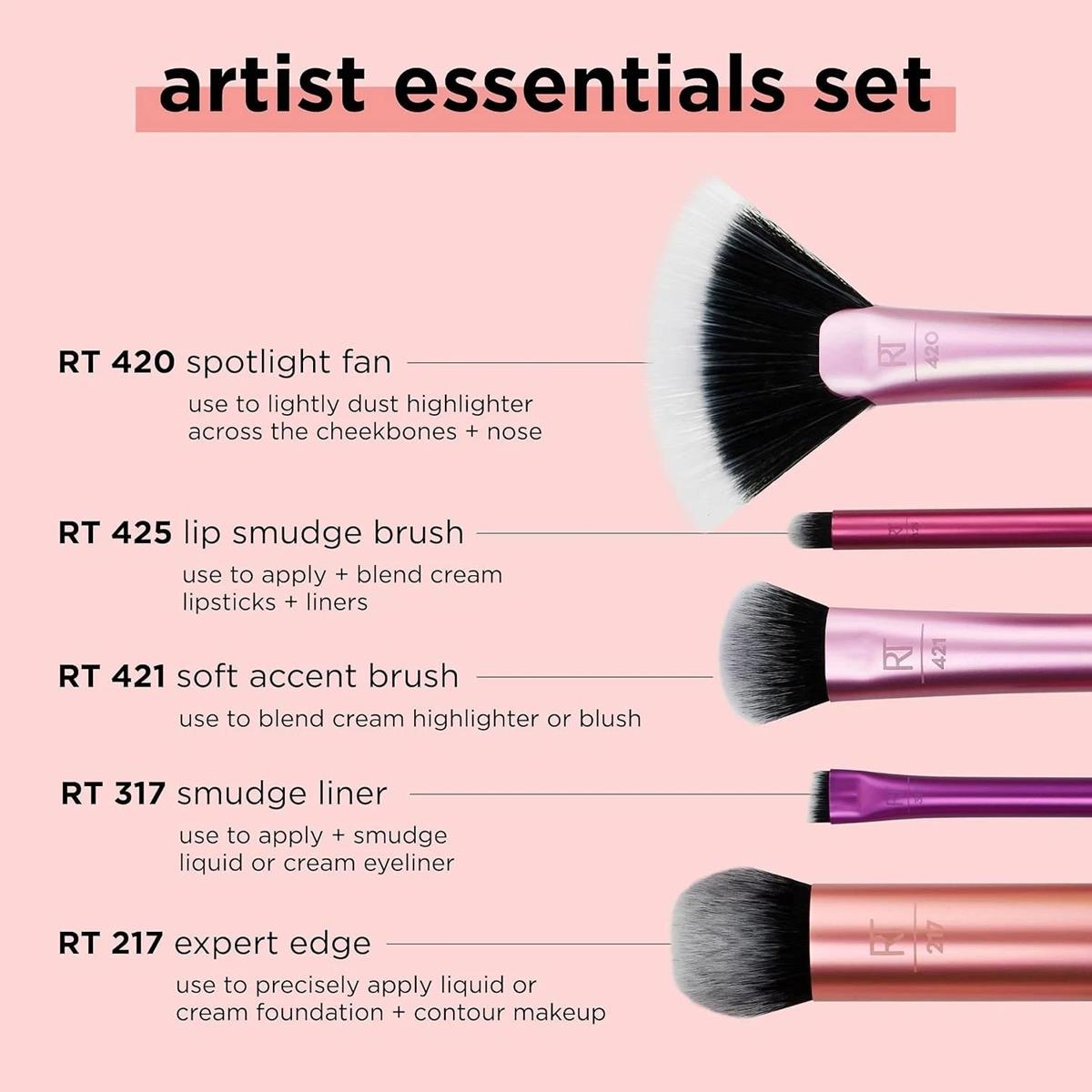 Real Techniques Artist Essentials 5 Piece Makeup Brush Set With Soft Synthetic Fibre Brushes For Foundation Blush And Contour - Image 3