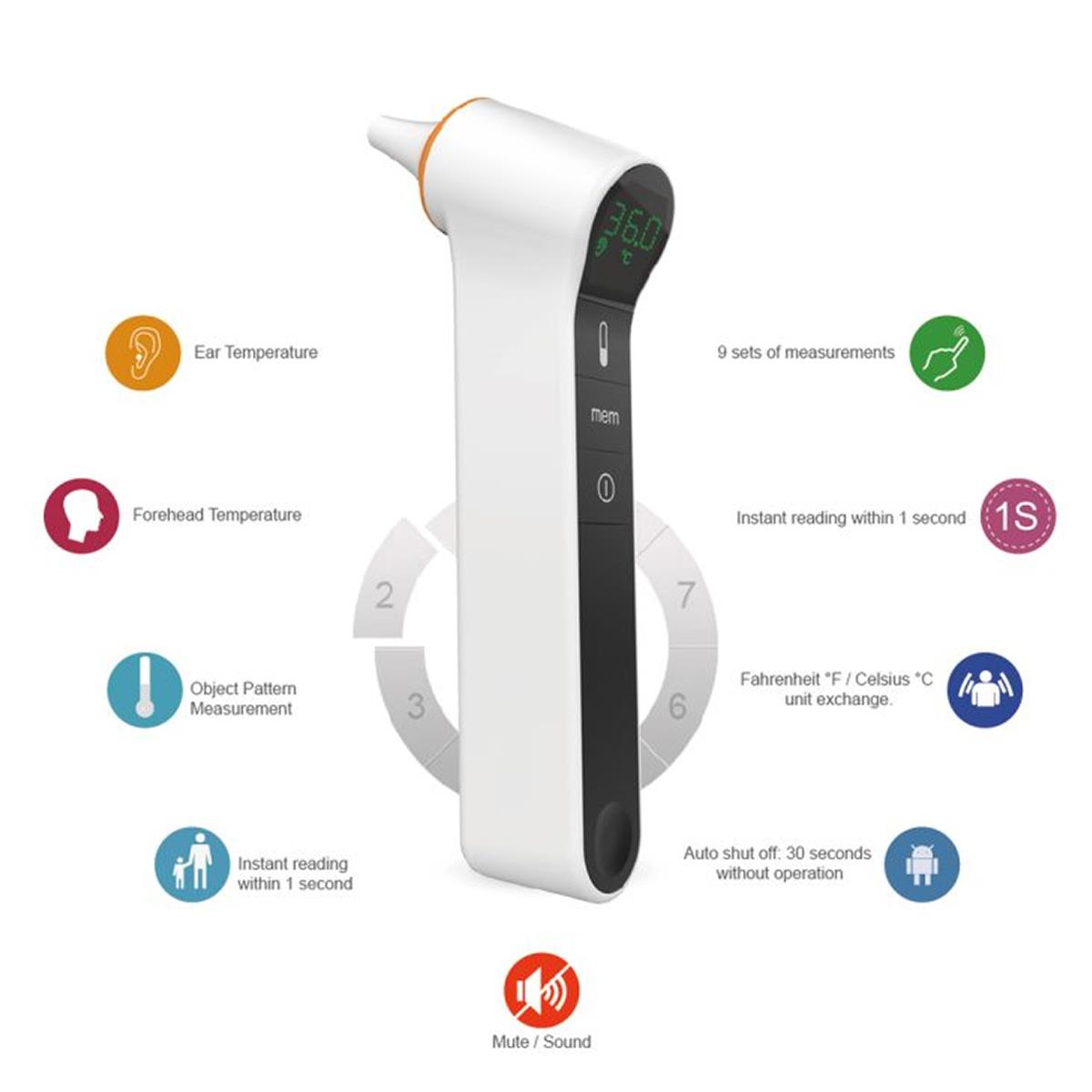 Kinetik Wellbeing Infrared Ear And Forehead Thermometer Non-Contact, 1-Second Reading 9-Memory White - Image 6