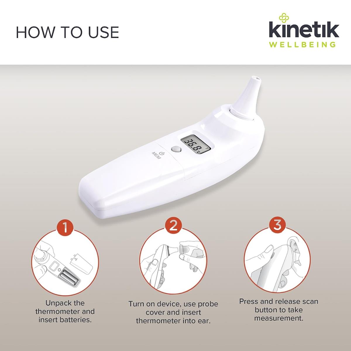 Kinetik Wellbeing Digital Ear Thermometer Infrared 1-Second Reading 10-Memory White - Image 4