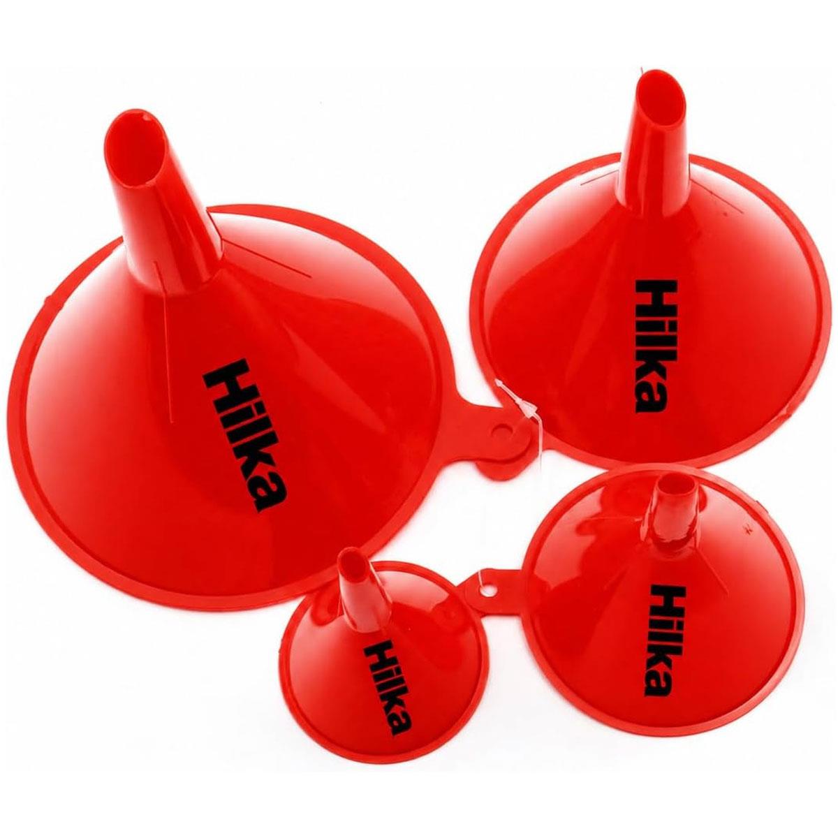 Hilka Plastic Funnel Set 4 Piece Red 55mm 75mm 100mm & 125mm Funnels for Oil Fuel and Liquid Transfer - Image 2