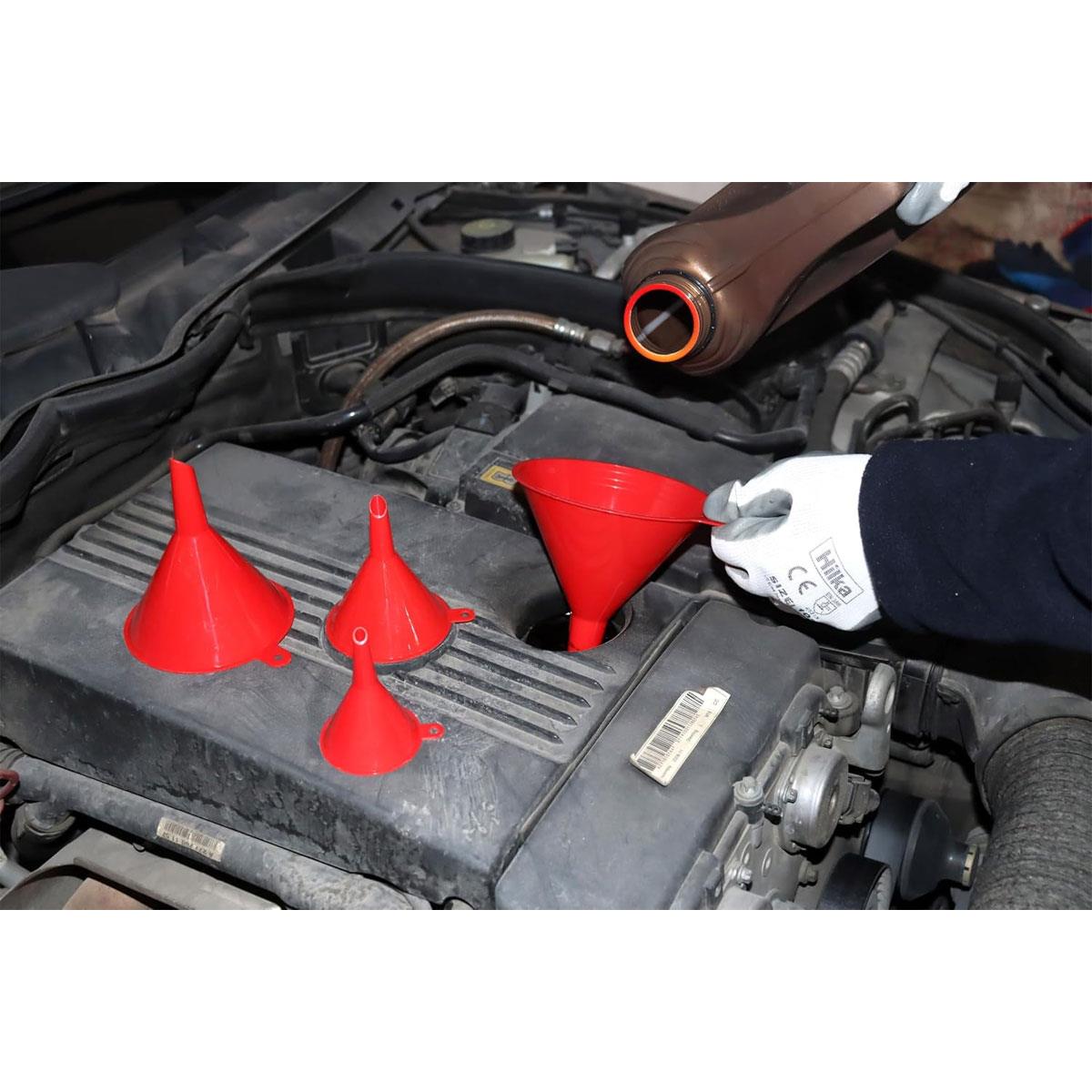 Hilka Plastic Funnel Set 4 Piece Red 55mm 75mm 100mm & 125mm Funnels for Oil Fuel and Liquid Transfer - Image 3