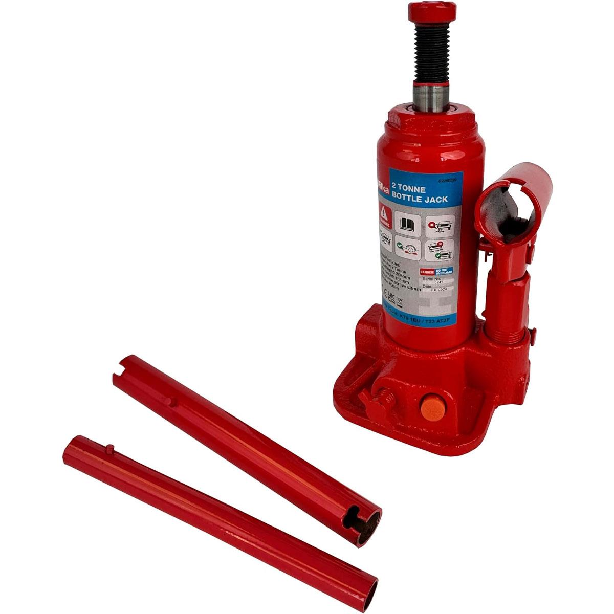Hilka 2 Tonne Hydraulic Bottle Jack 181-345mm Red Cast Iron Base Polished Steel Ram 2000kg Capacity - Image 2