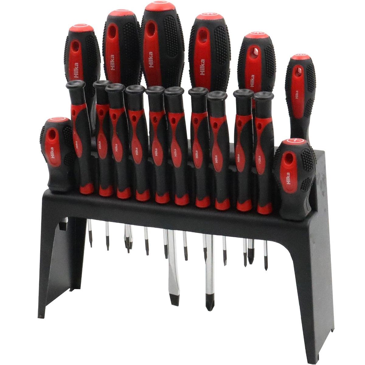 Hilka 18 Piece Screwdriver Set Chrome Vanadium Steel Phillips Slotted Torx Red & Black with Storage Stand