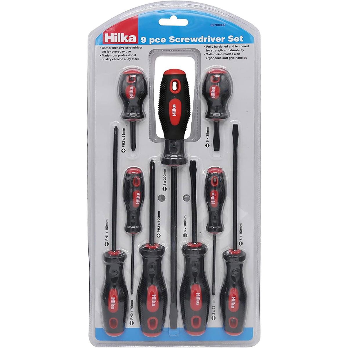 Hilka 9 Piece Screwdriver Set Chrome Alloy Steel Soft Grip Handles Red & Black Slotted & Phillips