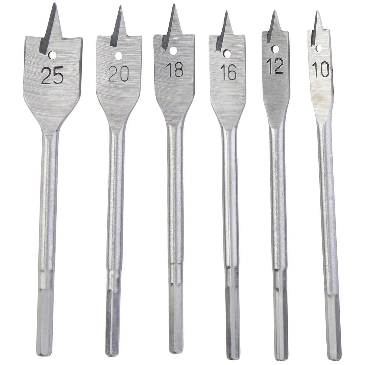 Hilka 6 Piece Flat Wood Drill Bit Set HSS Uncoated Round Shank 25mm Cutting Diameter