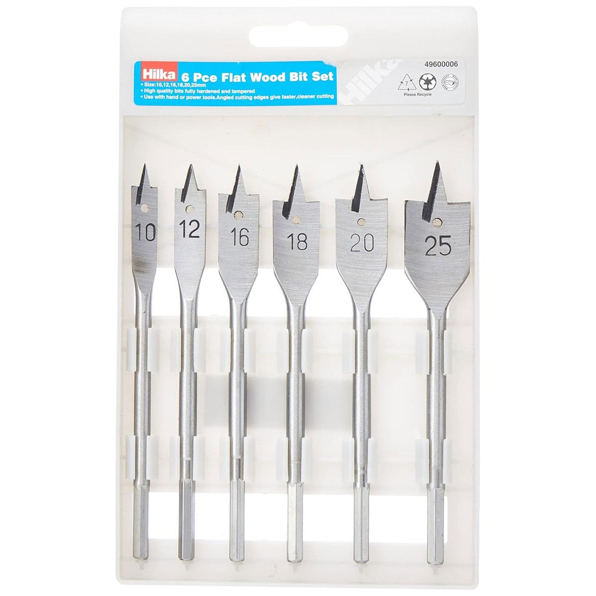 Hilka 6 Piece Flat Wood Drill Bit Set HSS Uncoated Round Shank 25mm Cutting Diameter - Image 2