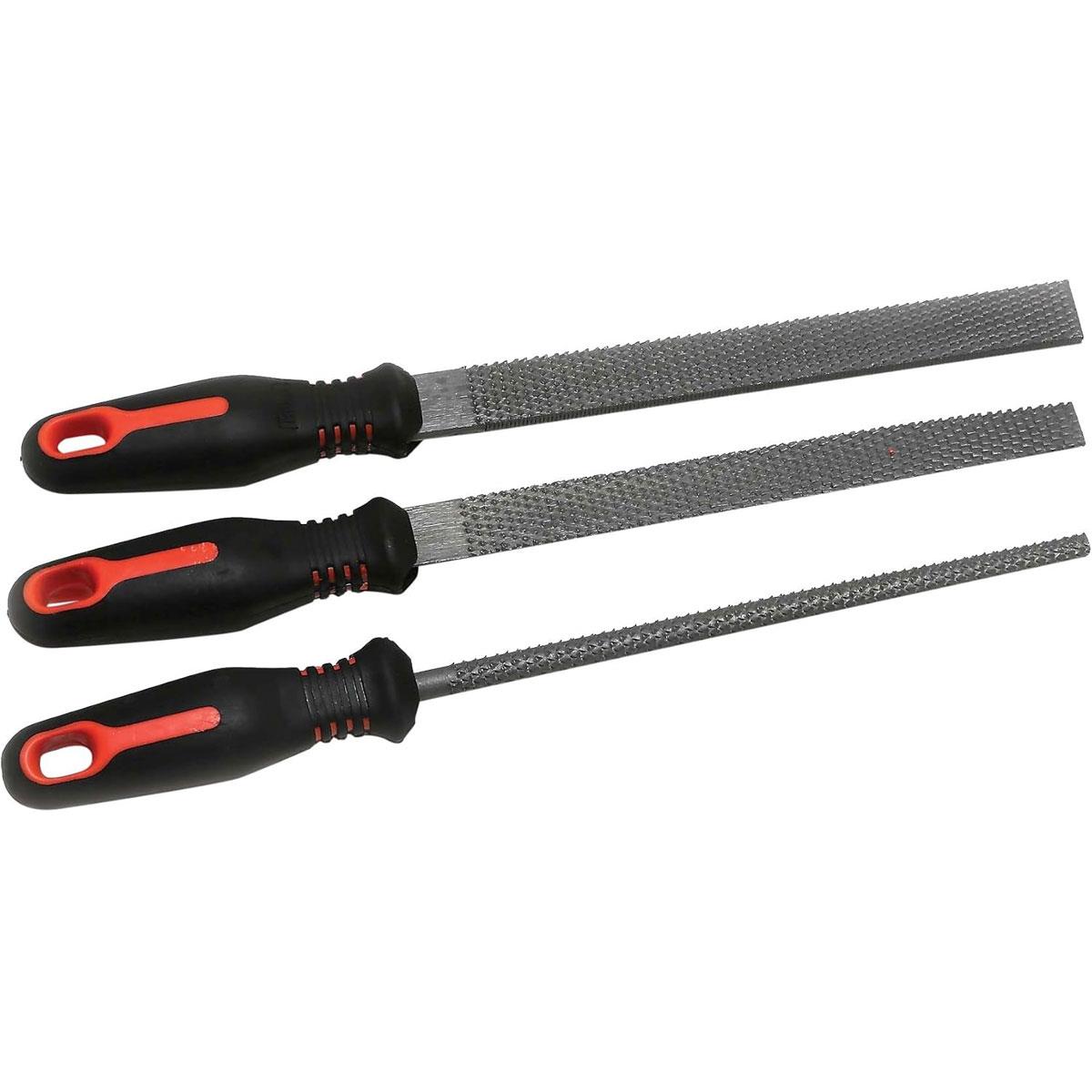 Hilka 3 Piece 8 Inch Wood Rasp File Set Alloy Steel Flat Half Round Round Soft Grip Handles Silver
