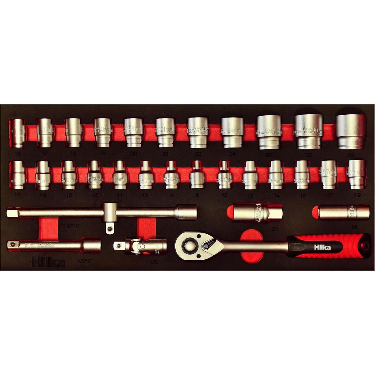 Hilka 32-Piece 1/2" Drive Metric Socket Set Chrome Vanadium Steel Satin Chrome EVA Tray