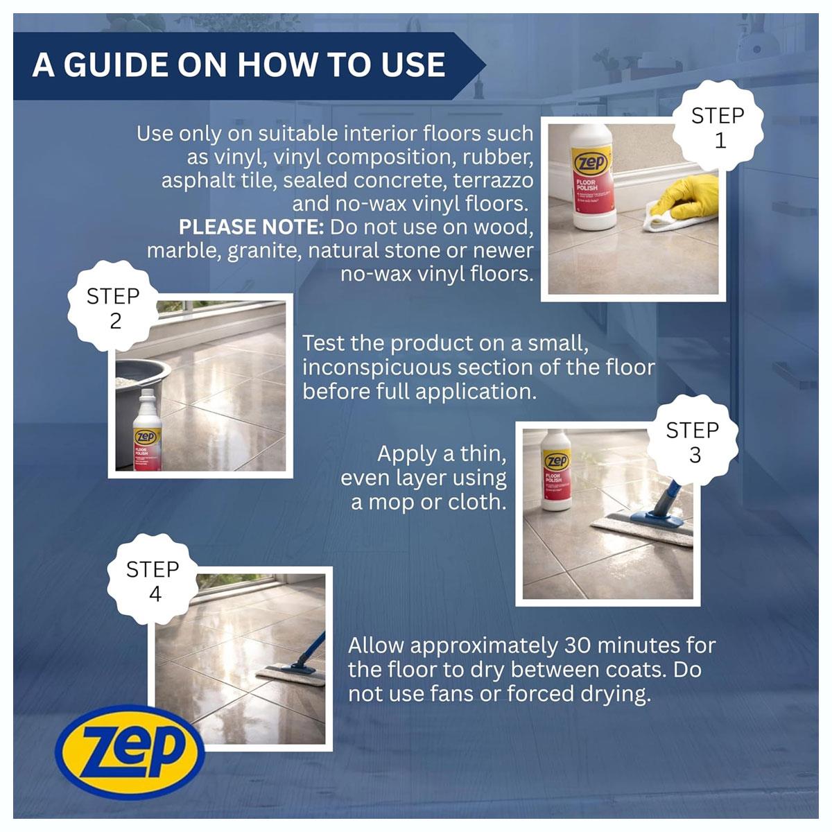 Zep Floor Polish High Gloss Finish Anti-Slip & Scuff Resistant Vinyl & Hard Floors Low VOC 1 L - Image 4
