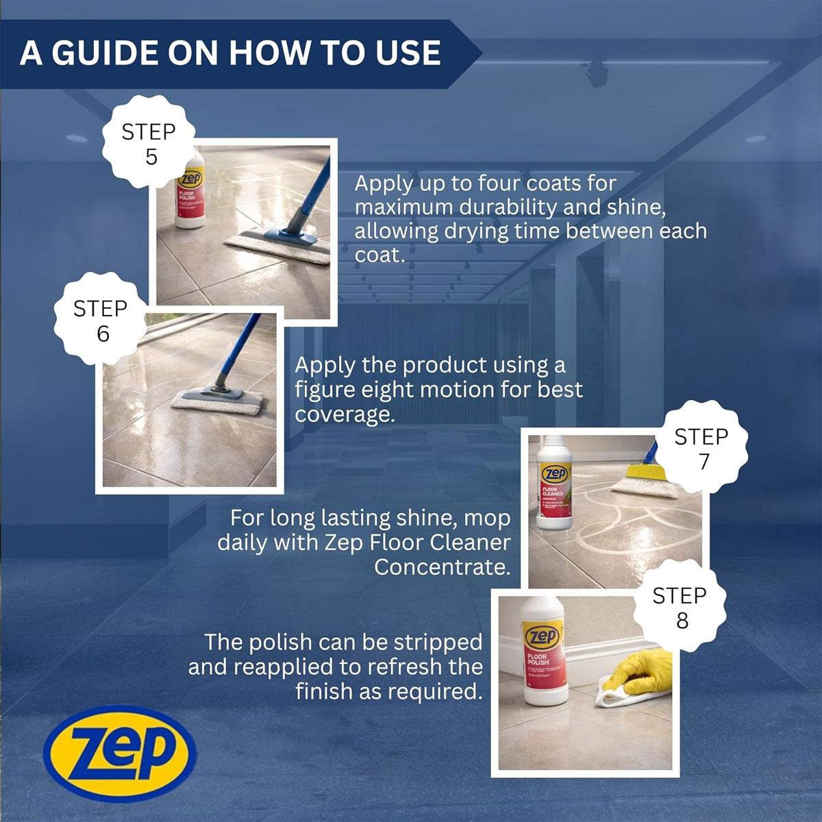 Zep Floor Polish High Gloss Finish Anti-Slip & Scuff Resistant Vinyl & Hard Floors Low VOC 1 L - Image 5