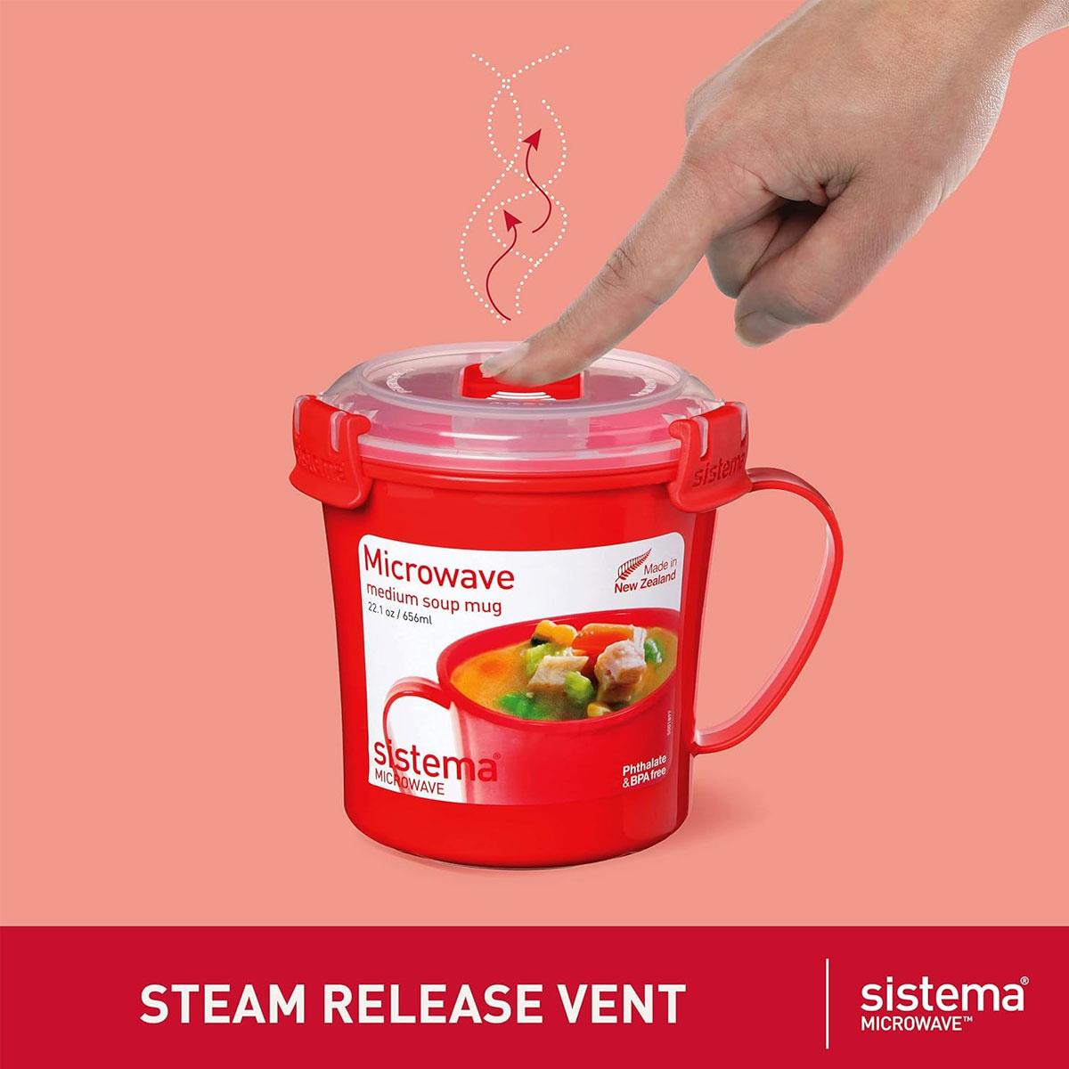 Sistema Microwave Soup Mug 656 ml Medium Soup Mug BPA-Free Plastic Red with Steam Vent and Handle - Image 4
