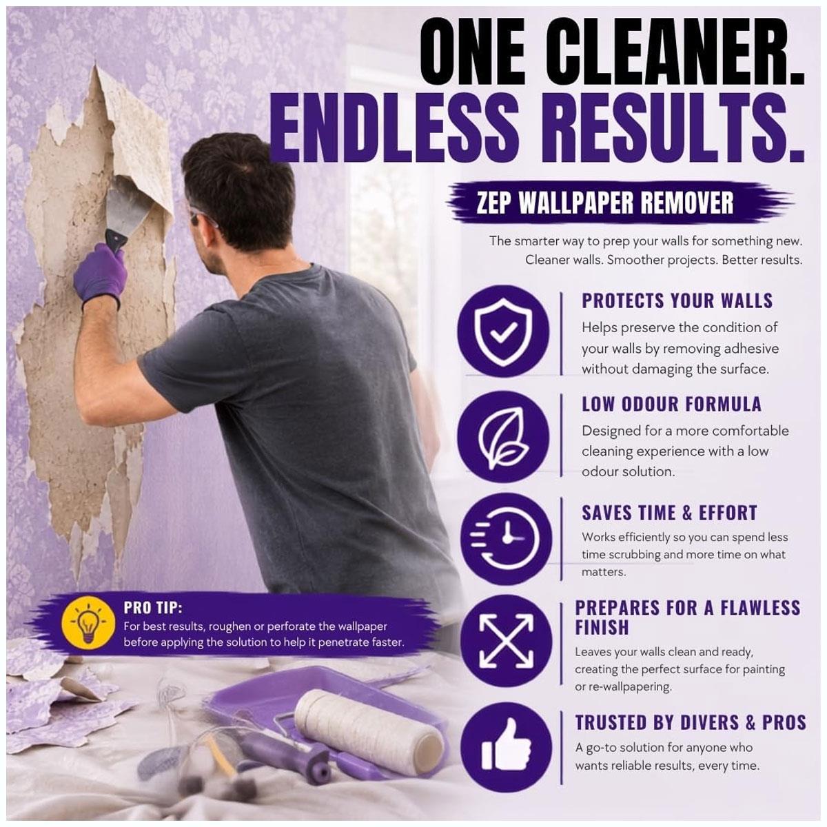 Zep Wallpaper Remover Concentrate Wallpaper Adhesive & Paste Stripper Solution Makes 10L 1 L - Image 3
