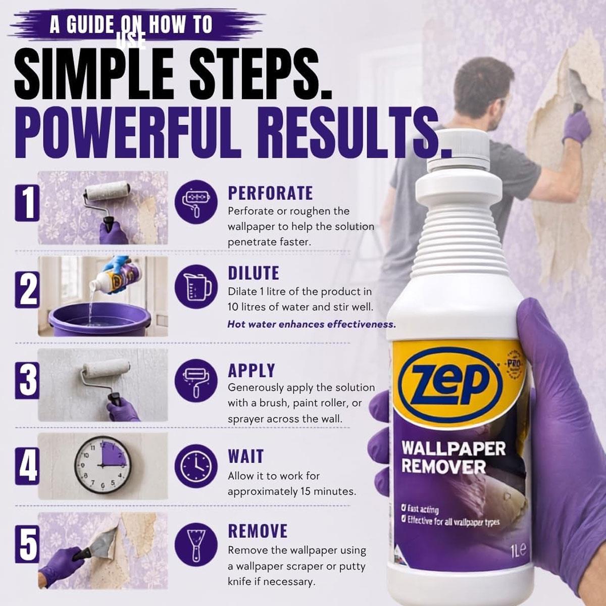 Zep Wallpaper Remover Concentrate Wallpaper Adhesive & Paste Stripper Solution Makes 10L 1 L - Image 4