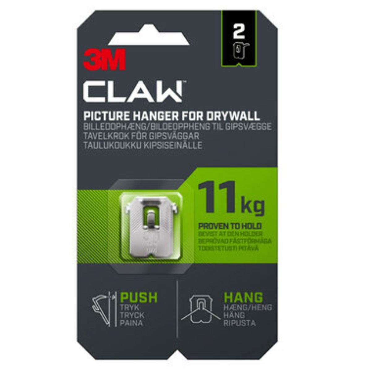3M CLAW Drywall Plasterboard Picture Hanger Wall Hooks Heavy Duty Alloy Steel Mirror Frame Hanging Solution Silver 11kg Capacity 2 Pack
