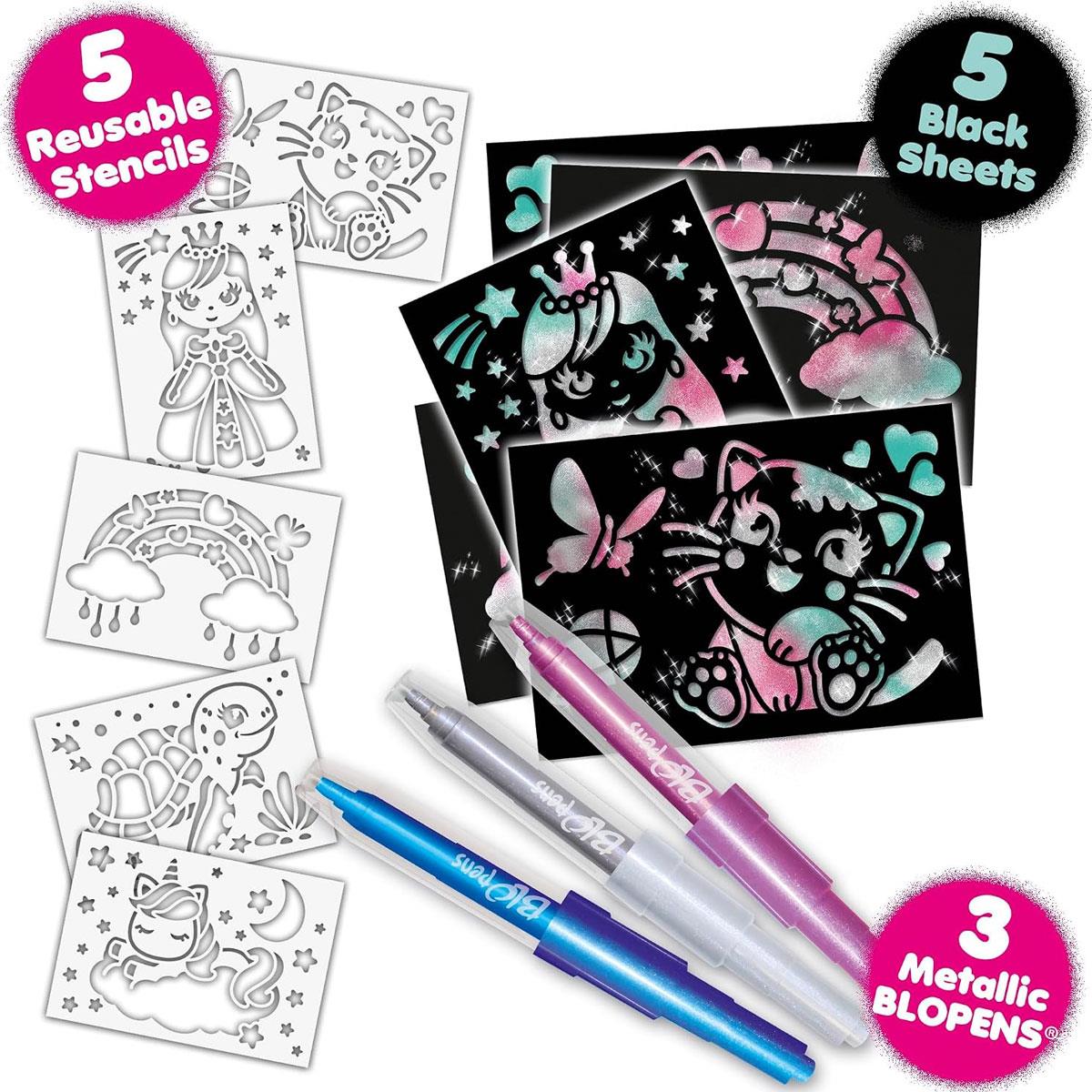 John Adams BLOPENS Shimmer Metallic Airbrush Art Craft Set 3 Pens 5 Stencils & 5 Black Sheets Multicolor Ages 4+ - Image 2