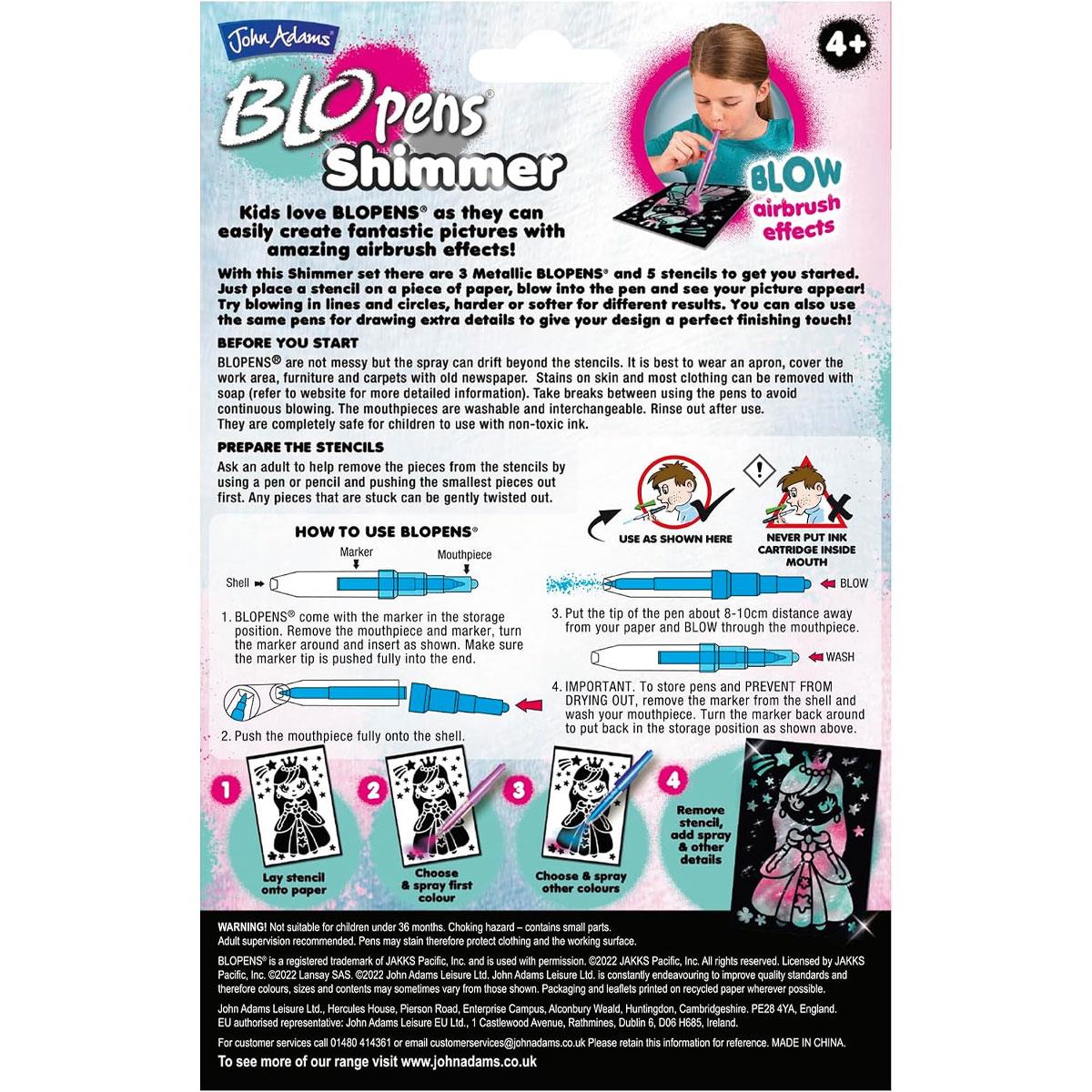John Adams BLOPENS Shimmer Metallic Airbrush Art Craft Set 3 Pens 5 Stencils & 5 Black Sheets Multicolor Ages 4+ - Image 5