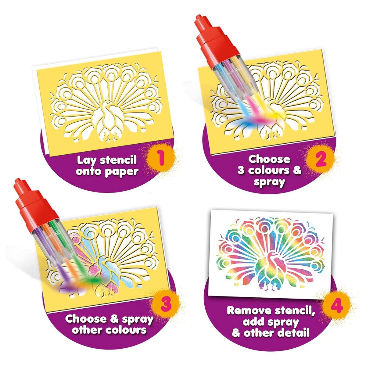 John Adams BLOPENS Rainbow Airbrush Art Kit 6 Mini Pens 6 Stencils & 6 Paper Sheets Multicolor Ages 4+ - Image 3
