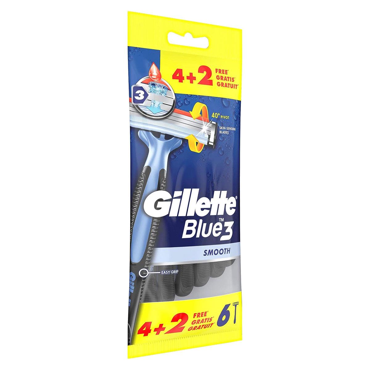 Gillette Blue3 Disposable Razors for Men 3 Blade Moisturizing Lubrastrip 40° Pivoting Head Blue 6 Count - Image 6