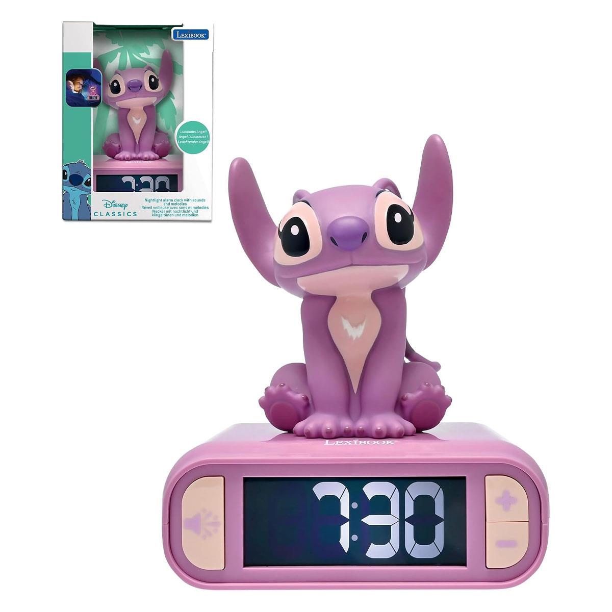 Lexibook Disney Stitch Angel Night Light Alarm Clock with Sounds Backlit LCD Snooze Pink