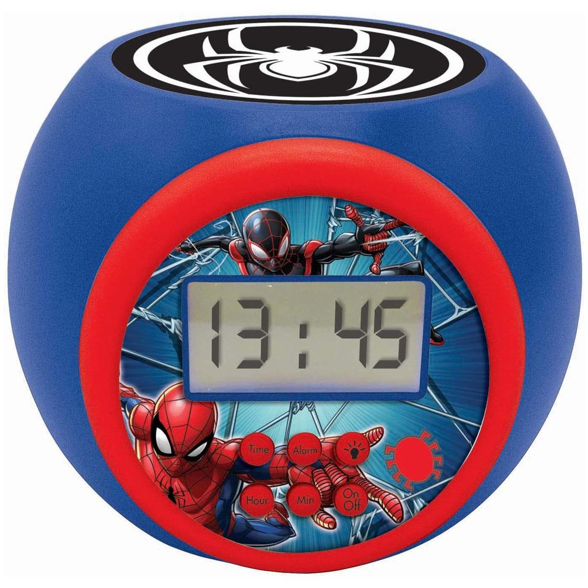 Lexibook Spider-Man Projector Alarm Clock for Kids Digital LCD Illuminated Night Light 3-Color Projection Snooze Blue/Red