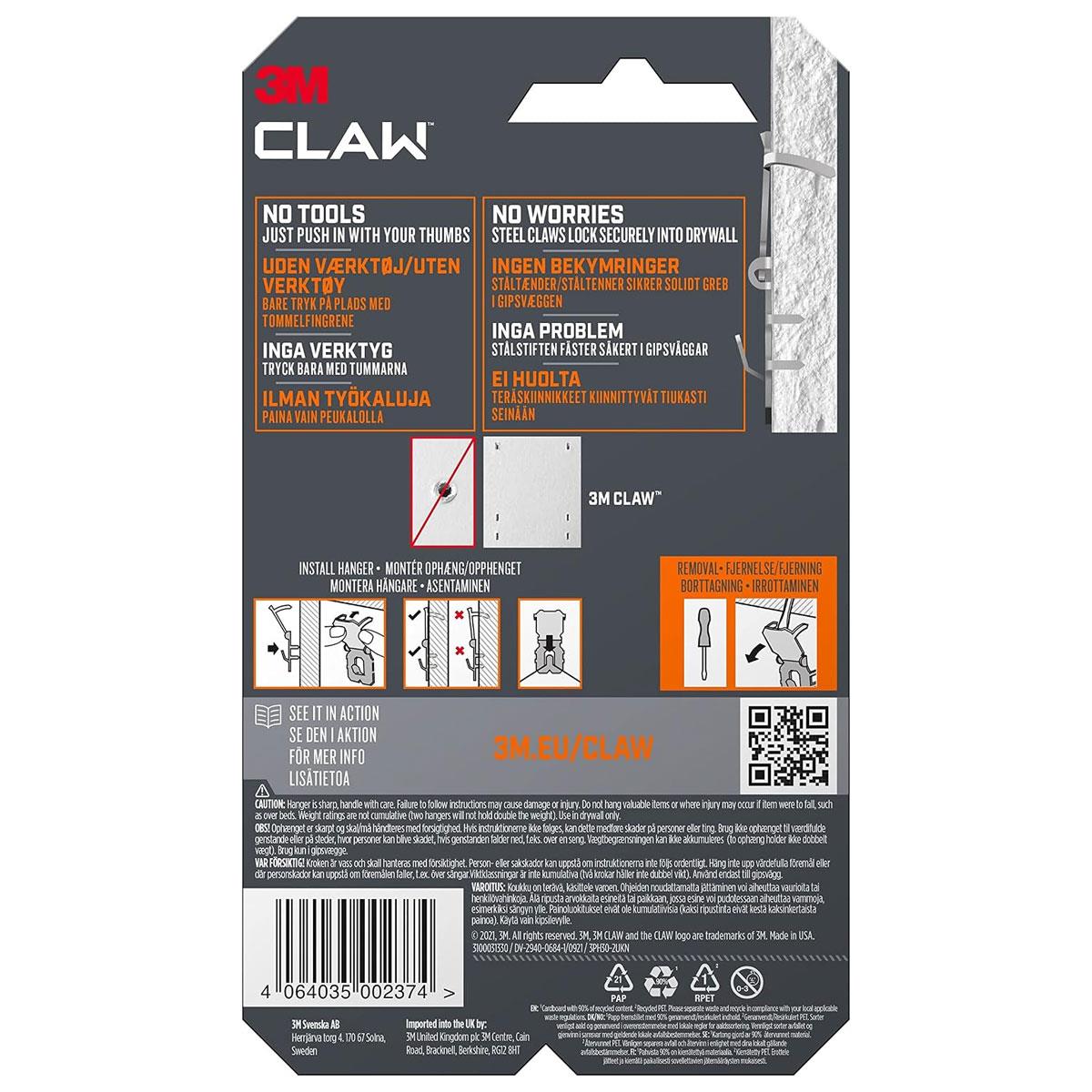 3M CLAW Drywall Plasterboard Picture Hanger Heavy Duty Alloy Steel Wall Hooks for Mirrors and Frames Steel Color 30kg Capacity 2 Pack - Image 3