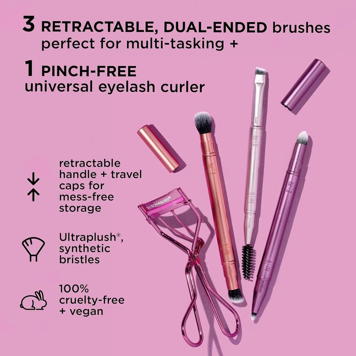 Real Techniques Double Time Brush And Lash 4 Piece Eye Makeup Set with Dual-Ended Brushes And Eyelash Curler - Image 2