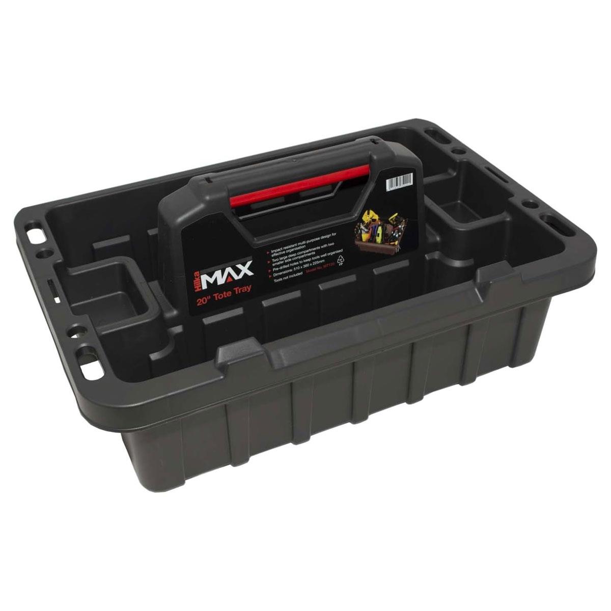 Hilka Max 20 Inch Tote Tray Impact Resistant Tool Storage Organiser 4 Compartments Pre-Drilled Tool Holder