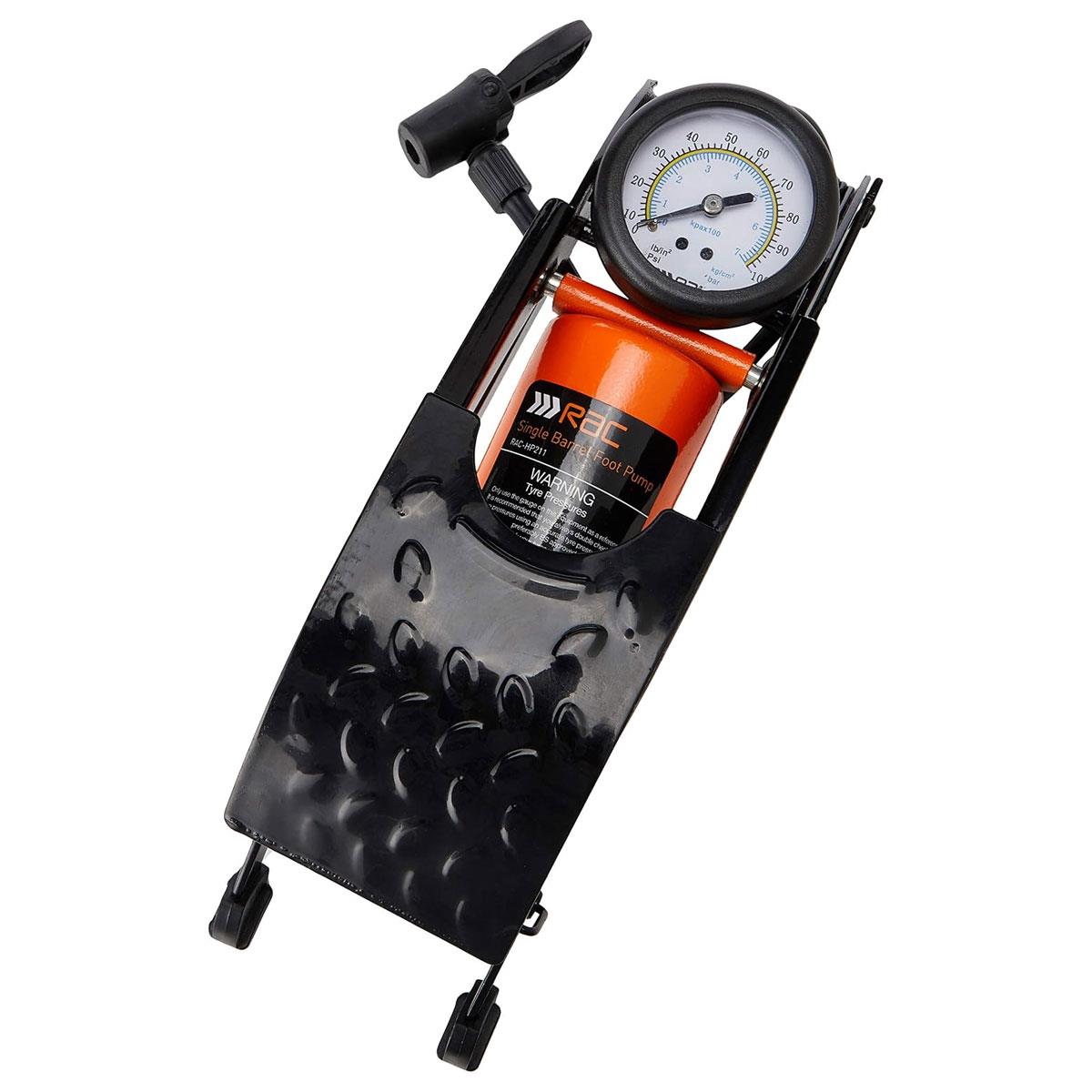 Hilka RAC Heavy Duty Single Barrel Foot Pump 0-100 PSI Analogue Gauge 3 Adaptors Vehicle Bicycle & Sports Ball
