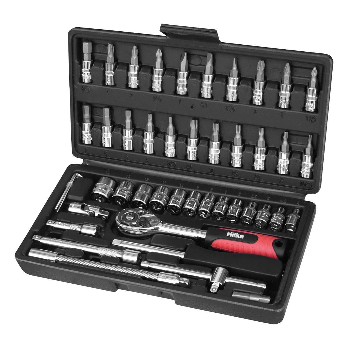 Hilka 46 Piece 1/4" Drive Metric Socket & Bit Set Chrome Vanadium Steel 72 Tooth Ratchet Heavy Duty Case