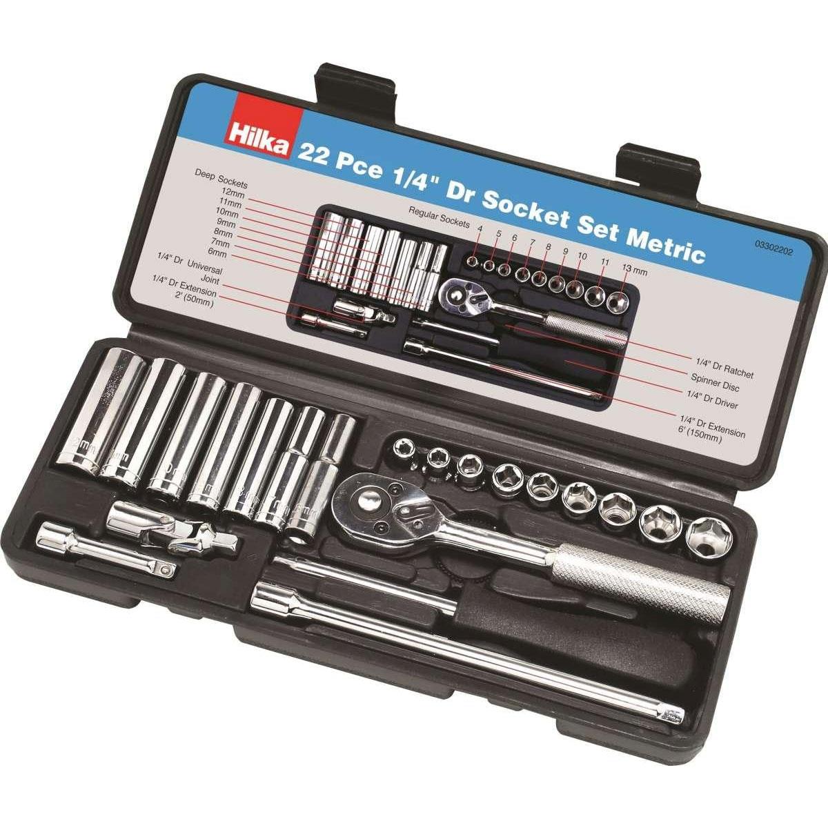 Hilka 22 Piece 1/4" Drive Metric Socket Set Chrome Carbon Steel 72 Tooth Quick Release Ratchet Heavy Duty Case