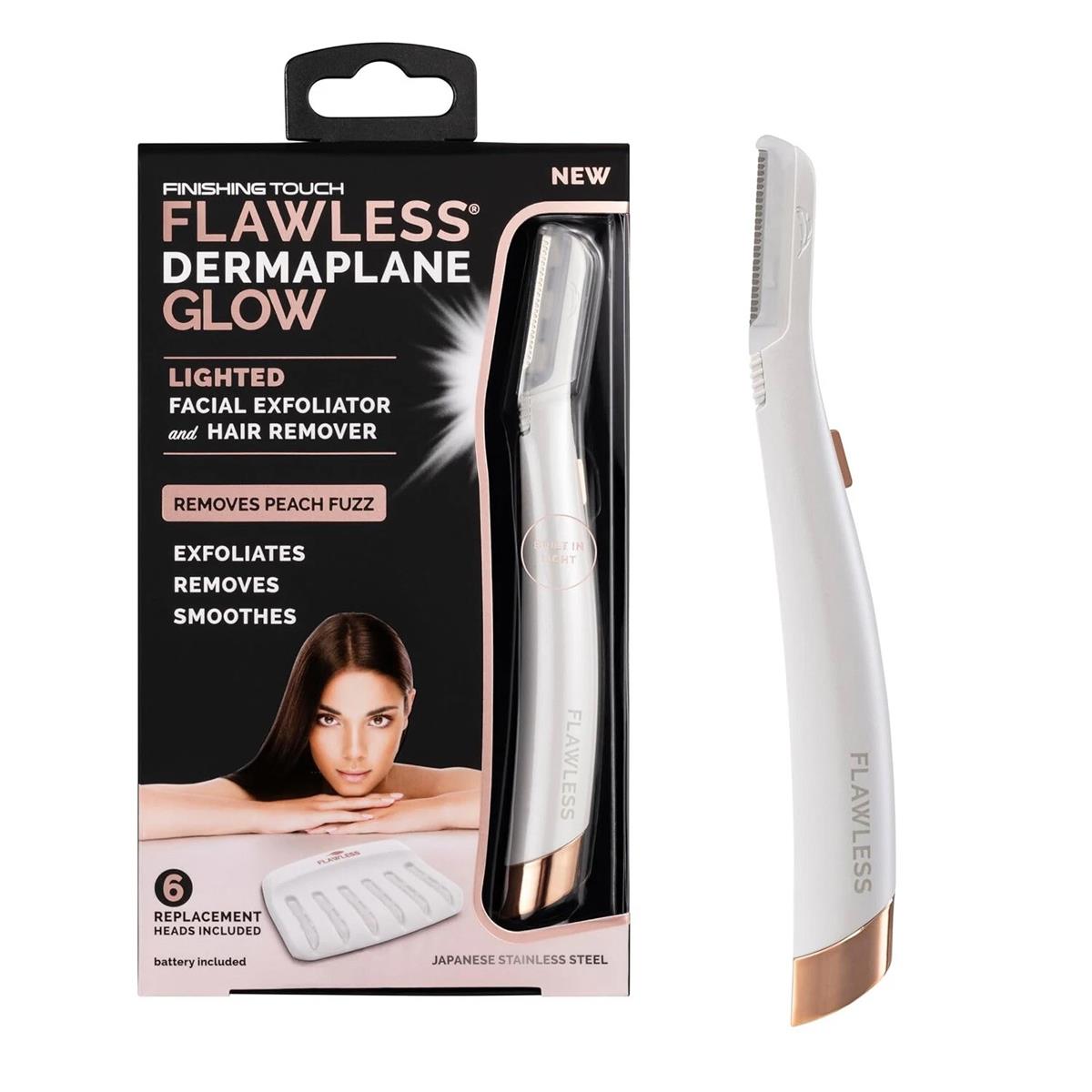 Finishing Touch Flawless Dermaplane Glow Facial Exfoliator And Hair Remover With LED Light And 6 Replacement Heads White