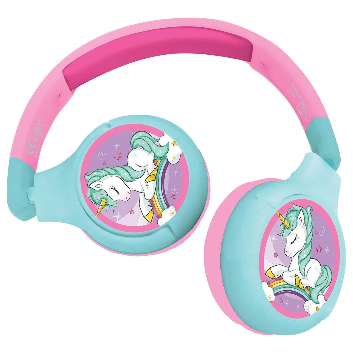Lexibook Kids Bluetooth Headphones Unicorn 2-in-1 Wireless & Wired 85 dB Safe Volume Pink/Blue