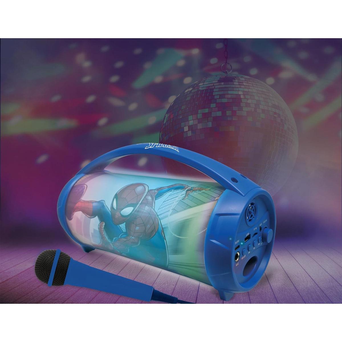 Lexibook Spider-Man Bluetooth Karaoke Speaker with Microphone TWS USB SD Aux-In Multicolour Lights Blue