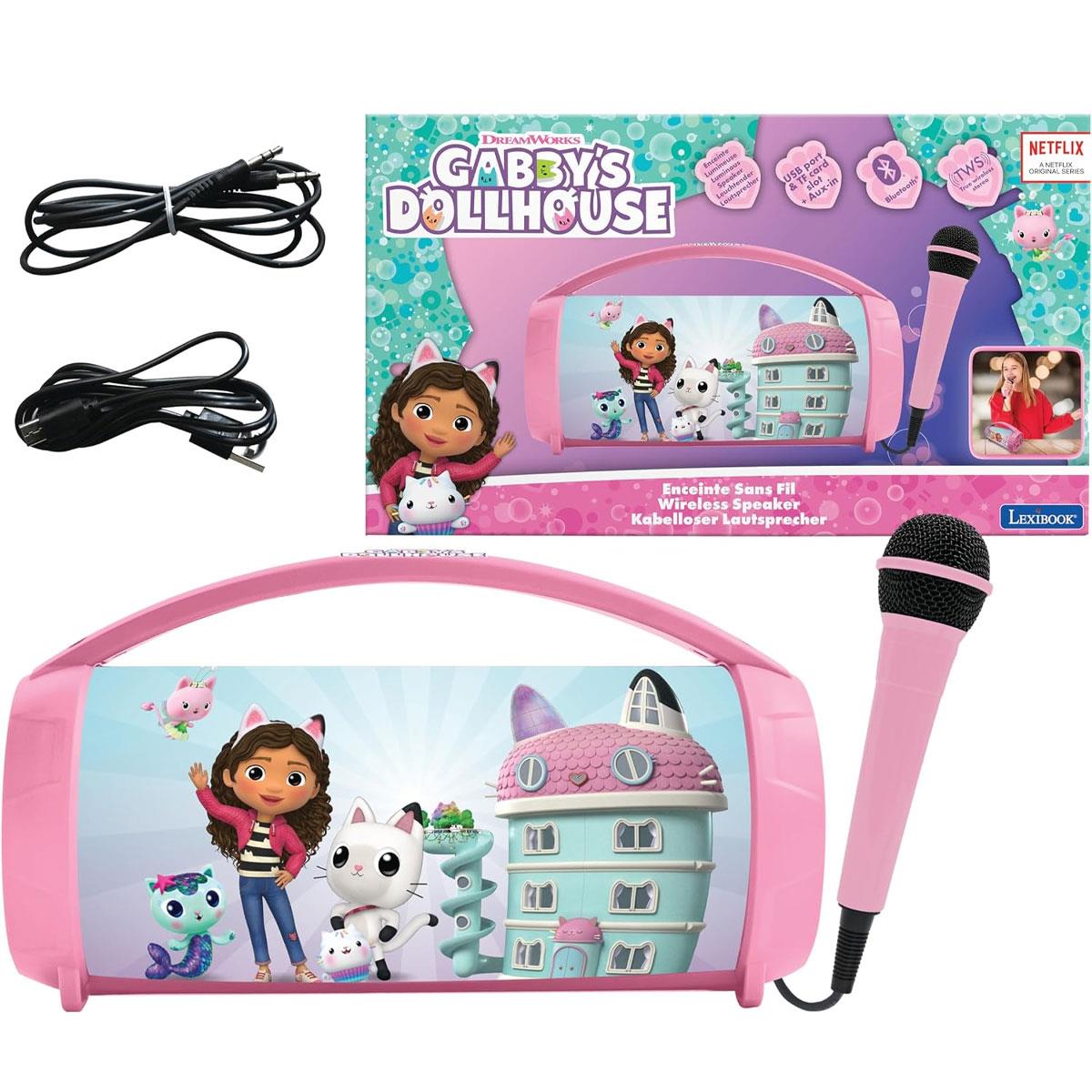 Lexibook Gabby's Dollhouse Bluetooth Karaoke Speaker with Microphone USB SD/TF Aux-In LED Lights Pink