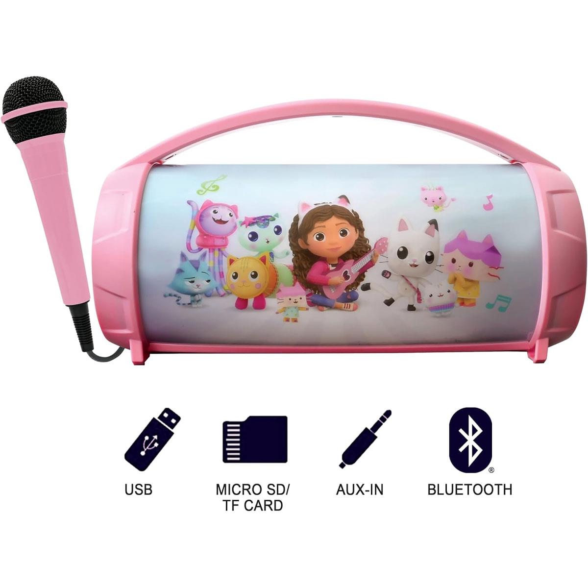 Lexibook Gabby's Dollhouse Bluetooth Karaoke Speaker with Microphone USB SD/TF Aux-In LED Lights Pink - Image 2