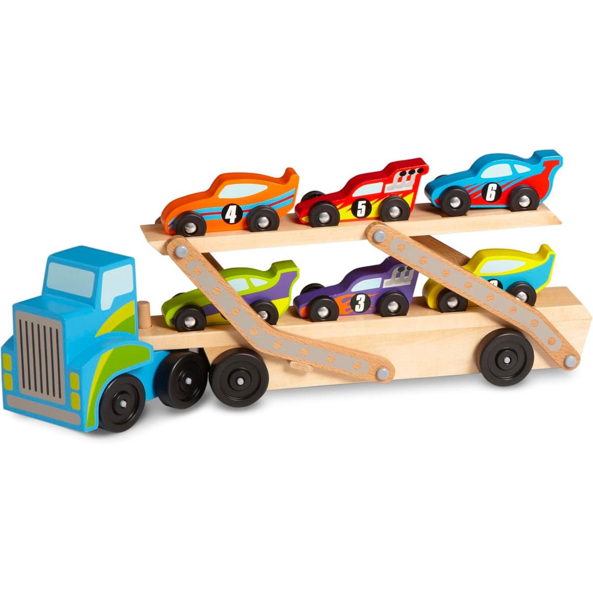 Melissa & Doug Mega Race-Car Carrier Wooden Toy with 6 Numbered Race Cars Double-Decker Trailer 49.9 cm