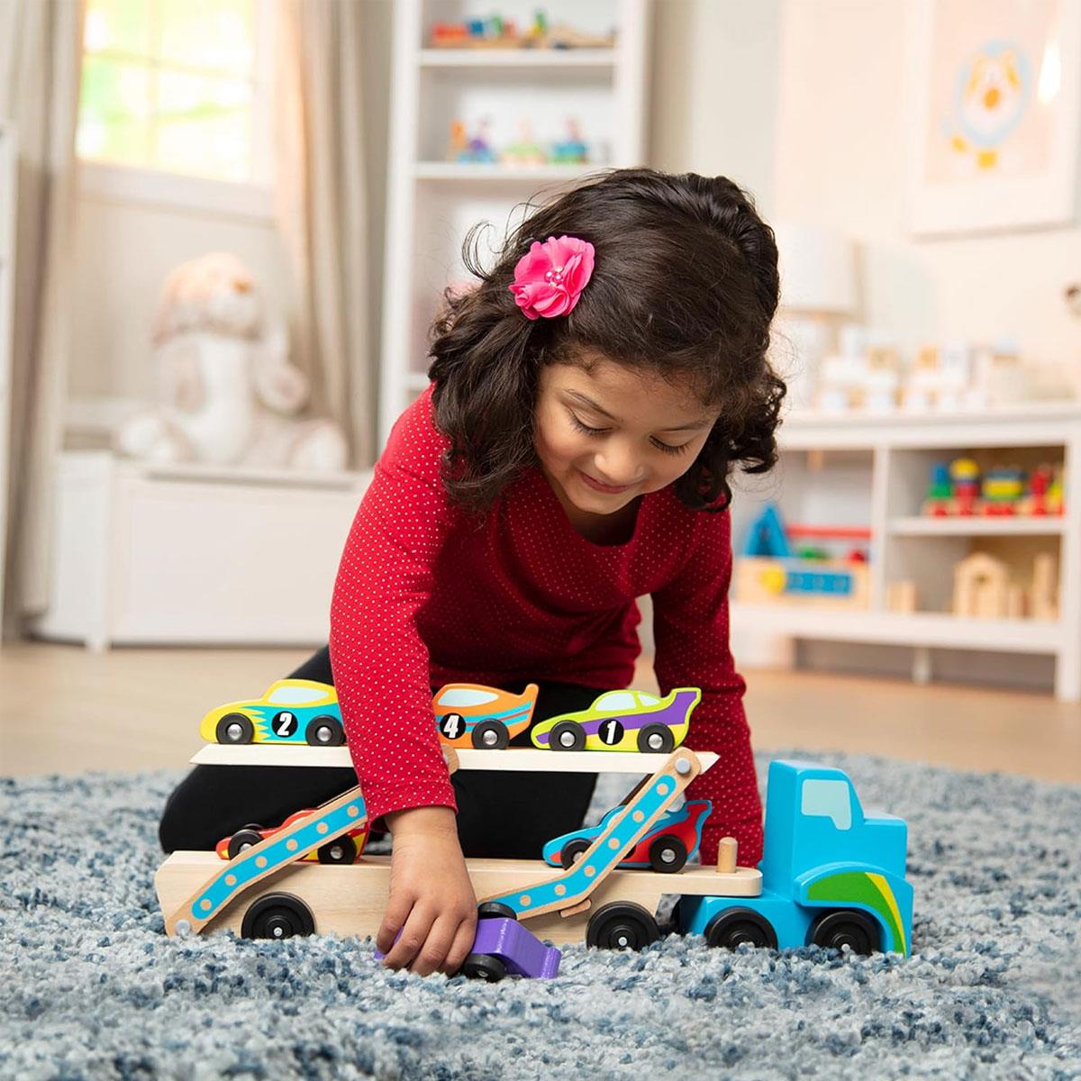 Melissa & Doug Mega Race-Car Carrier Wooden Toy with 6 Numbered Race Cars Double-Decker Trailer 49.9 cm - Image 2