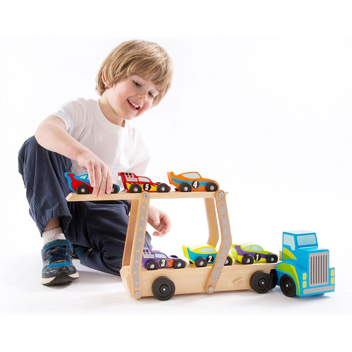 Melissa & Doug Mega Race-Car Carrier Wooden Toy with 6 Numbered Race Cars Double-Decker Trailer 49.9 cm - Image 3