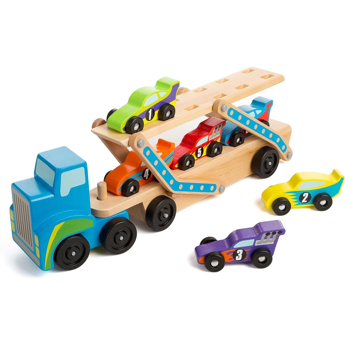 Melissa & Doug Mega Race-Car Carrier Wooden Toy with 6 Numbered Race Cars Double-Decker Trailer 49.9 cm - Image 4