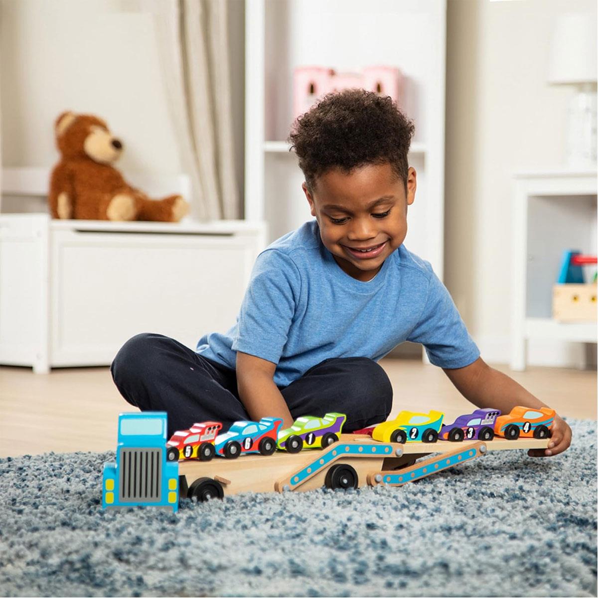 Melissa & Doug Mega Race-Car Carrier Wooden Toy with 6 Numbered Race Cars Double-Decker Trailer 49.9 cm - Image 5