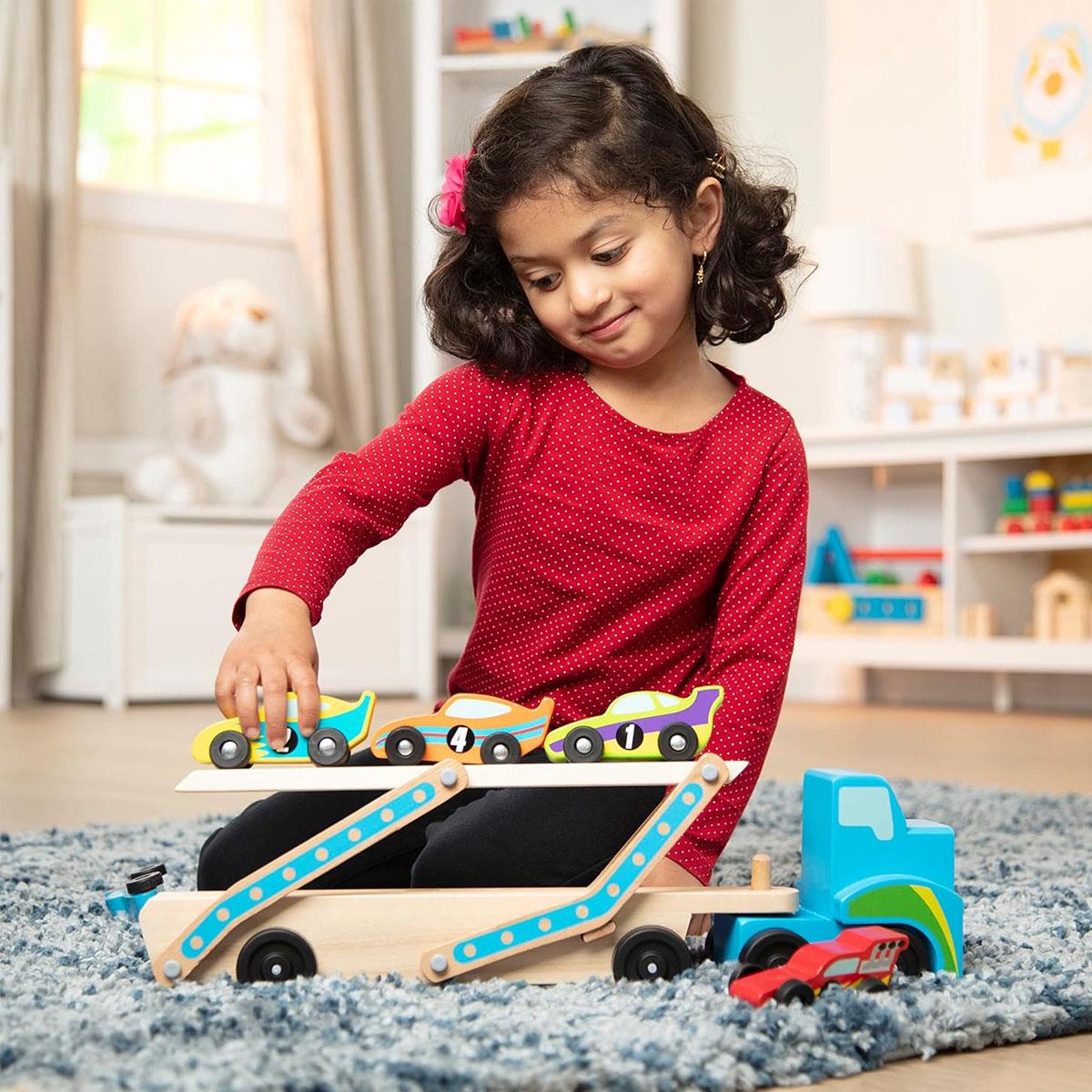 Melissa & Doug Mega Race-Car Carrier Wooden Toy with 6 Numbered Race Cars Double-Decker Trailer 49.9 cm - Image 7