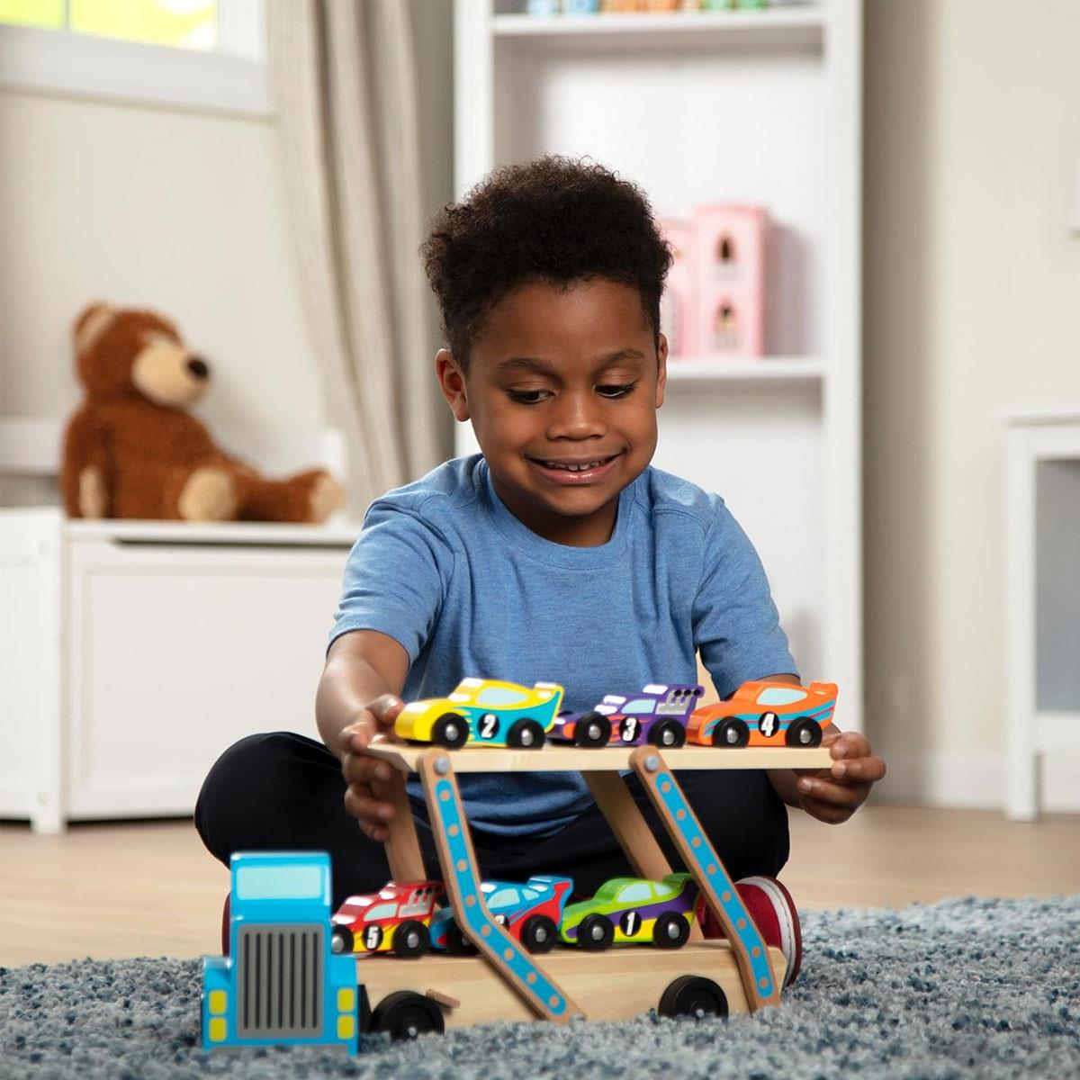 Melissa & Doug Mega Race-Car Carrier Wooden Toy with 6 Numbered Race Cars Double-Decker Trailer 49.9 cm - Image 8