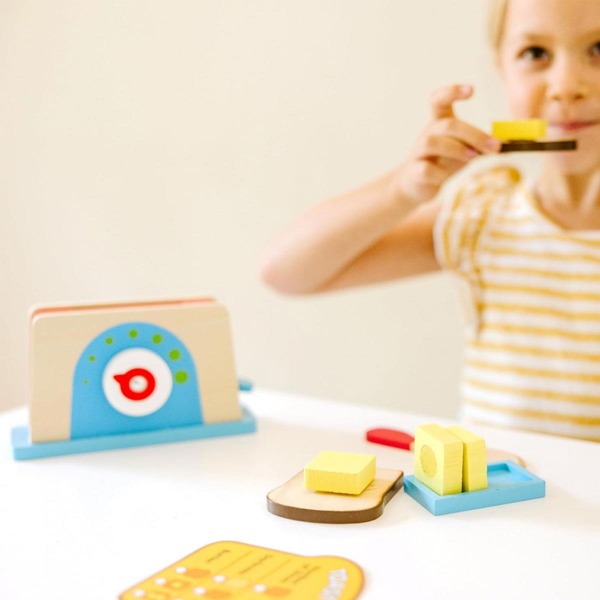 Melissa & Doug Wooden Bread & Butter Toaster Set Pretend Play Kitchen Toy Multicolor Child-Size Ages 3+ - Image 3