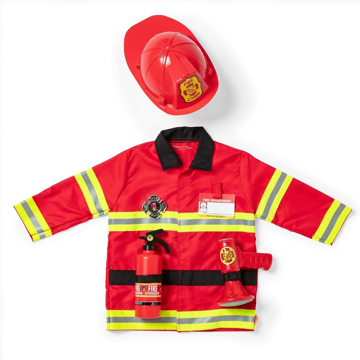 Melissa & Doug Fire Chief Role Play Costume Set Firefighter Jacket Helmet Extinguisher & Bullhorn Ages 3-6