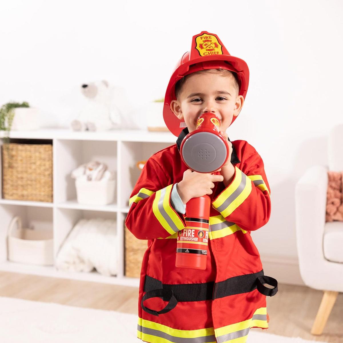 Melissa & Doug Fire Chief Role Play Costume Set Firefighter Jacket Helmet Extinguisher & Bullhorn Ages 3-6 - Image 2
