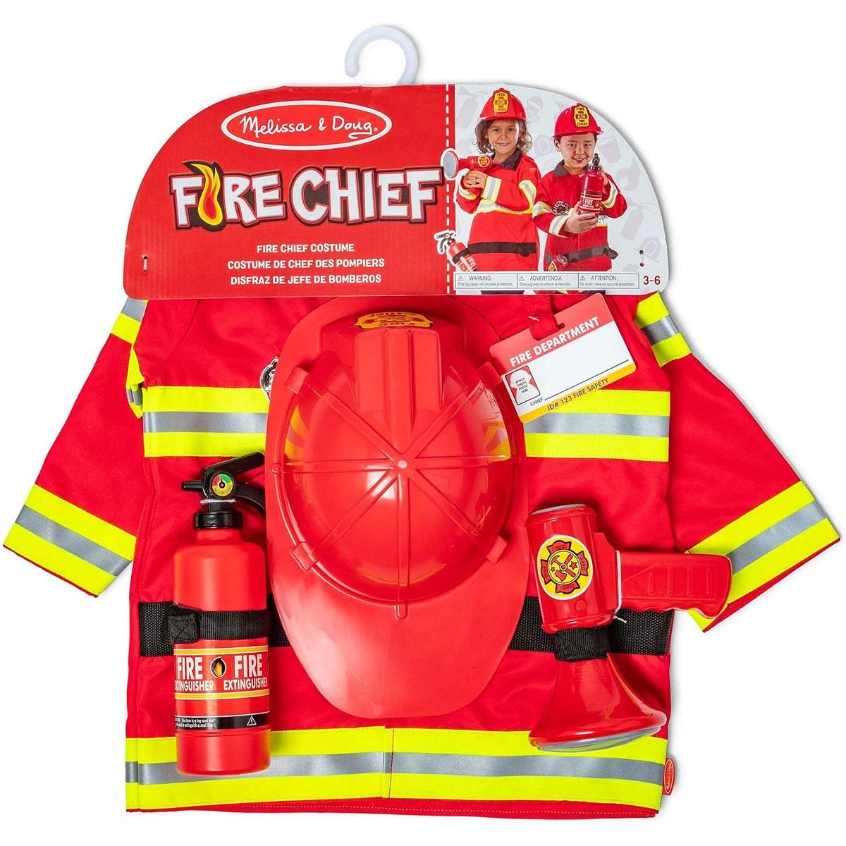 Melissa & Doug Fire Chief Role Play Costume Set Firefighter Jacket Helmet Extinguisher & Bullhorn Ages 3-6 - Image 3