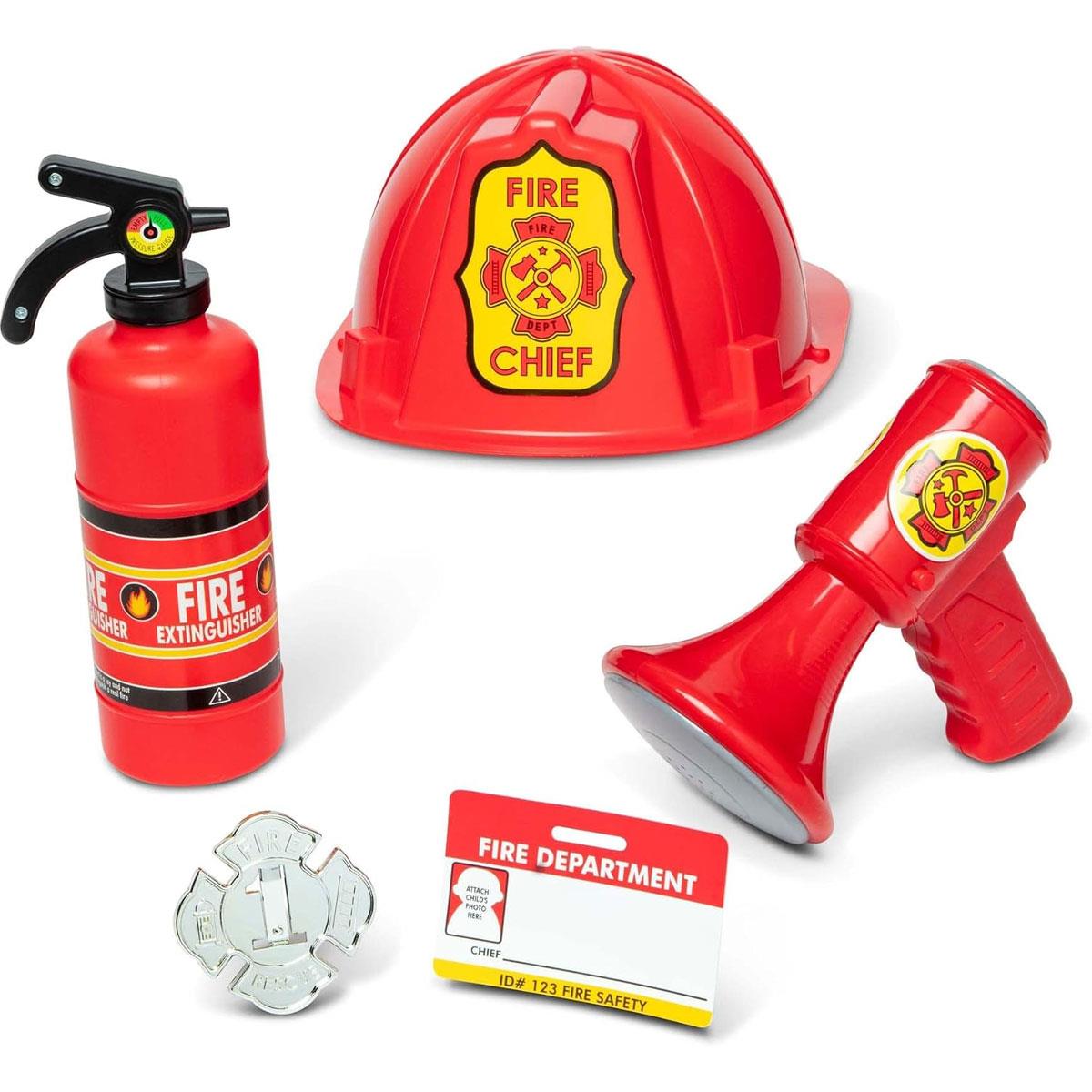 Melissa & Doug Fire Chief Role Play Costume Set Firefighter Jacket Helmet Extinguisher & Bullhorn Ages 3-6 - Image 4