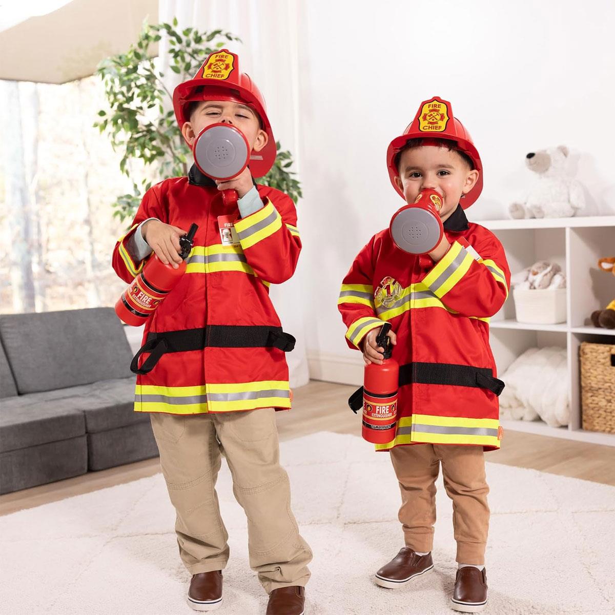 Melissa & Doug Fire Chief Role Play Costume Set Firefighter Jacket Helmet Extinguisher & Bullhorn Ages 3-6 - Image 5