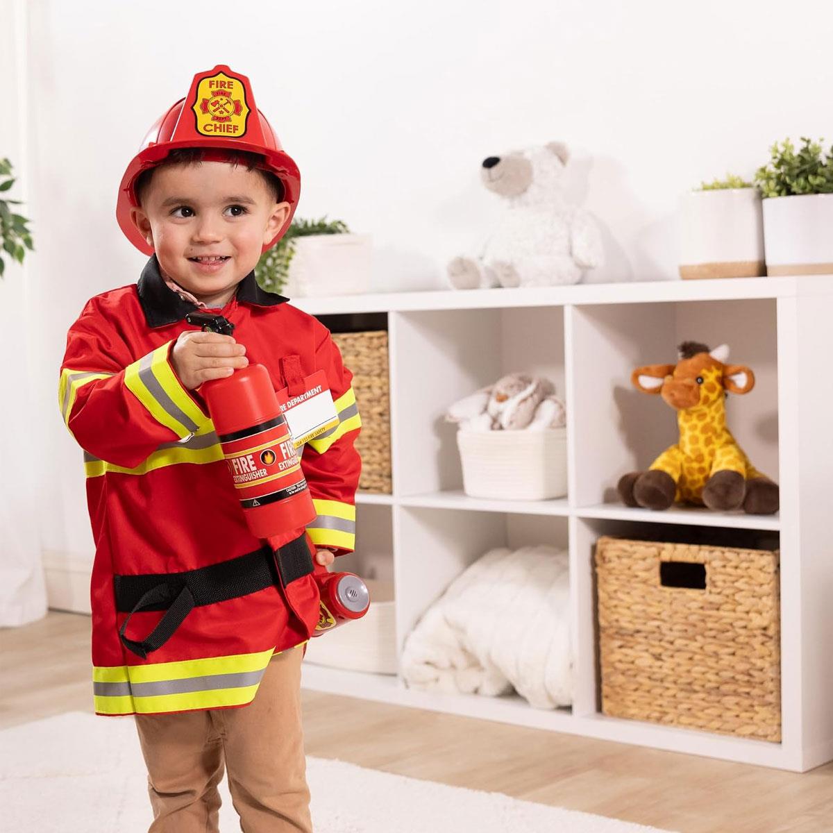 Melissa & Doug Fire Chief Role Play Costume Set Firefighter Jacket Helmet Extinguisher & Bullhorn Ages 3-6 - Image 6