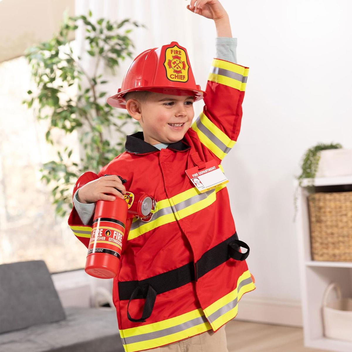 Melissa & Doug Fire Chief Role Play Costume Set Firefighter Jacket Helmet Extinguisher & Bullhorn Ages 3-6 - Image 7